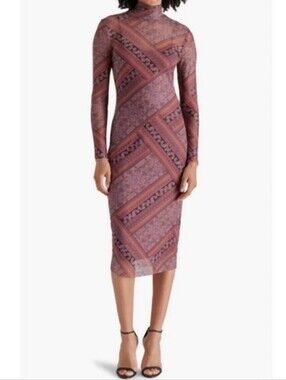 Steve Madden Size L Vivienne Scarf Print Long Sleeve Turtleneck Mesh Midi Dress